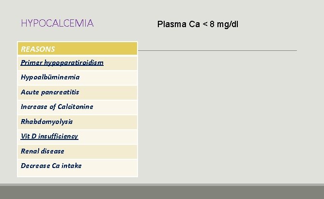 HYPOCALCEMIA REASONS Primer hypoparatiroidism Hypoalbüminemia Acute pancreatitis Increase of Calcitonine Rhabdomyolysis Vit D insufficiency