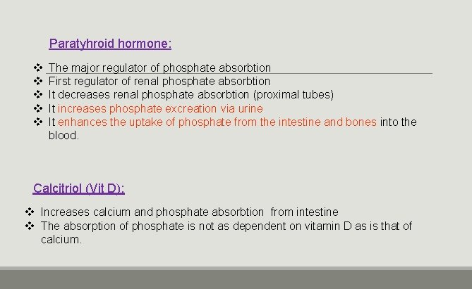 Paratyhroid hormone: v v v The major regulator of phosphate absorbtion First regulator of