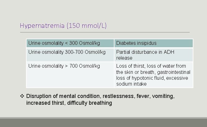 Hypernatremia (150 mmol/L) Urine osmolality < 300 Osmol/kg Diabetes insipidus Urine osmolality 300 -700