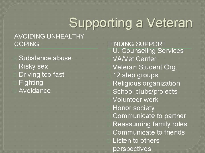 Supporting a Veteran AVOIDING UNHEALTHY COPING FINDING SUPPORT U. Counseling Services � VA/Vet Center