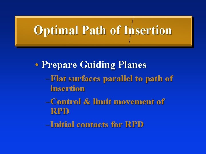 Optimal Path of Insertion • Prepare Guiding Planes – Flat surfaces parallel to path