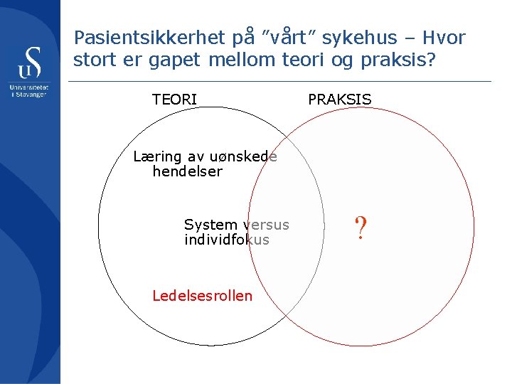 Pasientsikkerhet på ”vårt” sykehus – Hvor stort er gapet mellom teori og praksis? TEORI