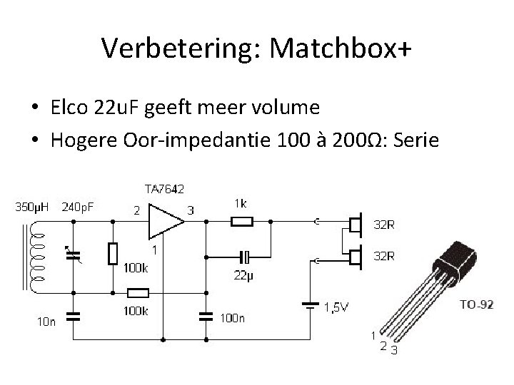 Verbetering: Matchbox+ • Elco 22 u. F geeft meer volume • Hogere Oor-impedantie 100