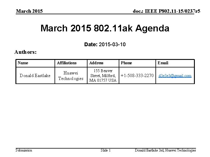 March 2015 doc. : IEEE P 802. 11 -15/0237 r 5 March 2015 802.