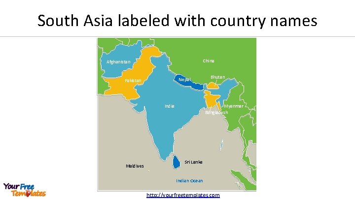 South Asia labeled with country names China Afghanistan Nepal Pakistan India Maldives Bhutan Myanmar