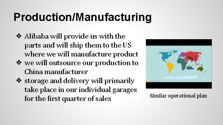 Production/Manufacturing ❖ Alibaba will provide us with the parts and will ship them to