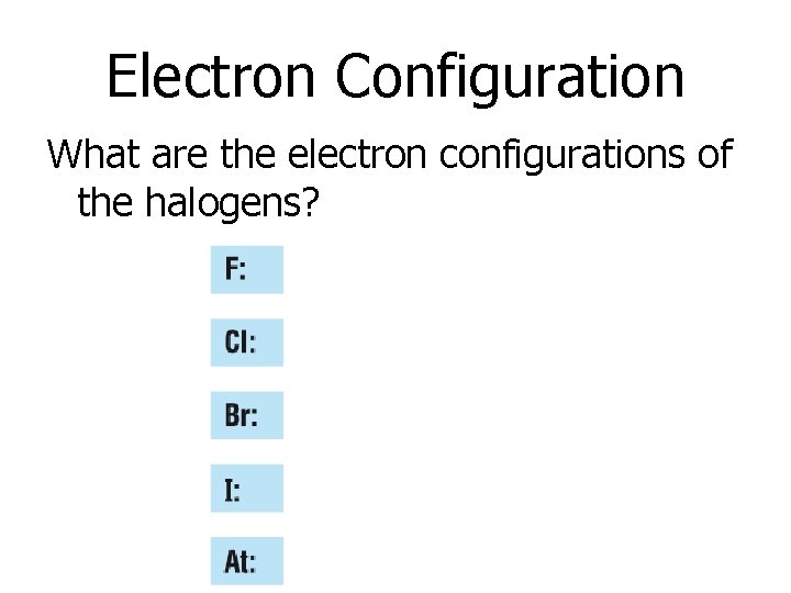 Electron Configuration What are the electron configurations of the halogens? 