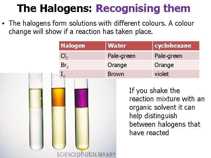 The Halogens: Recognising them • The halogens form solutions with different colours. A colour