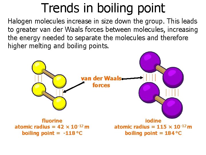 Trends in boiling point Halogen molecules increase in size down the group. This leads