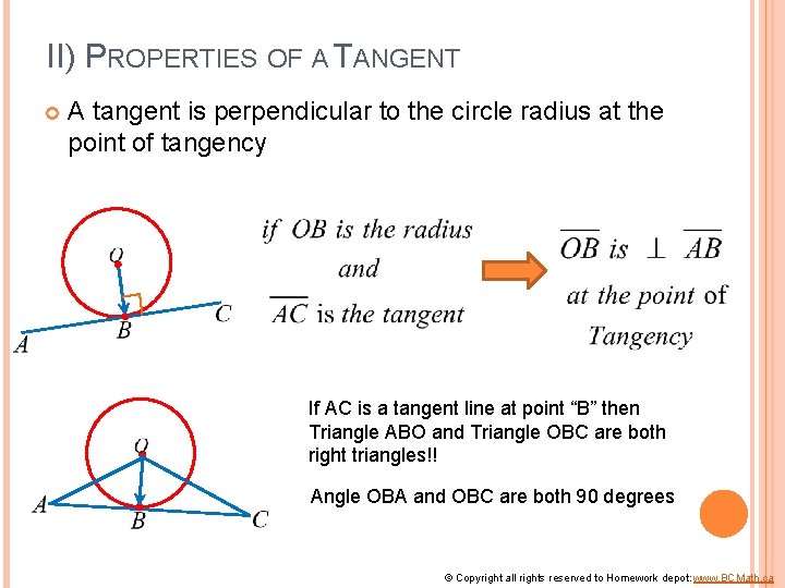 II) PROPERTIES OF A TANGENT A tangent is perpendicular to the circle radius at