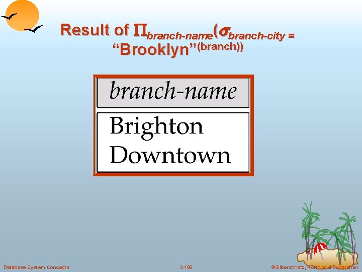 Result of branch-name( branch-city = “Brooklyn”(branch)) Database System Concepts 3. 108 ©Silberschatz, Korth and