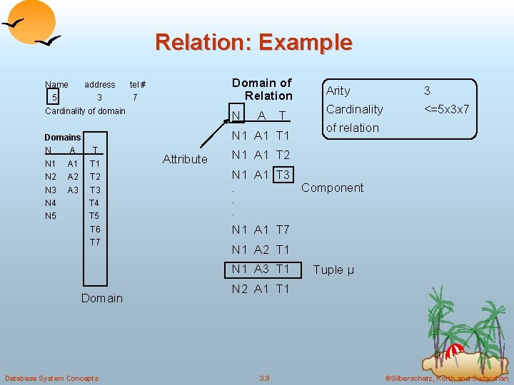 Relation: Example Name address tel # 5 3 7 Domain of Relation Cardinality of