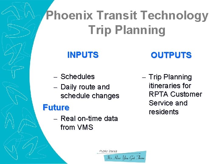 Phoenix Transit Technology Trip Planning INPUTS – Schedules – Daily route and schedule changes
