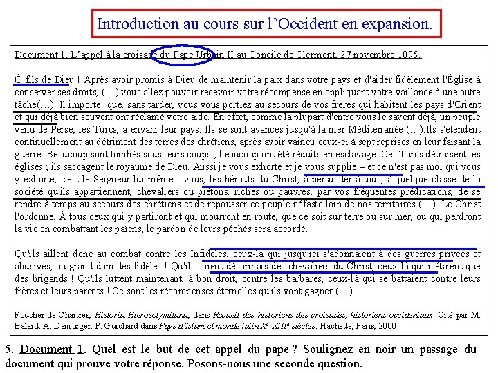 Introduction au cours sur l’Occident en expansion. Document 1. L’appel à la croisade du