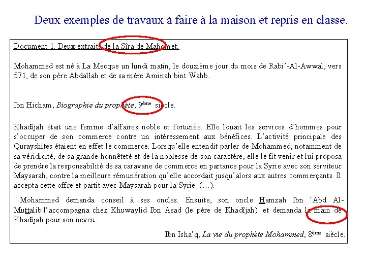 Deux exemples de travaux à faire à la maison et repris en classe. Document