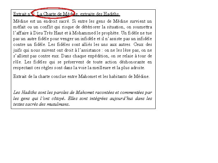 Extrait n° 2. La Charte de Médine, extraite des Hadiths. Médine est un endroit