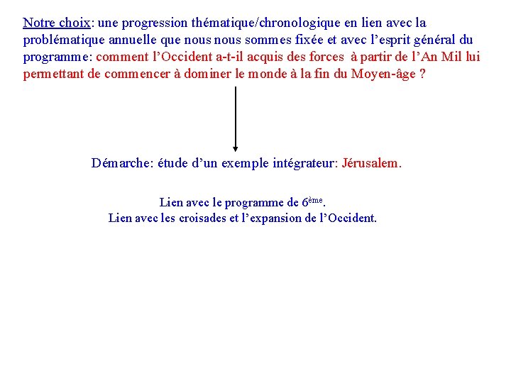 Notre choix: une progression thématique/chronologique en lien avec la problématique annuelle que nous sommes
