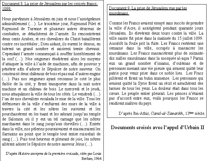 Document 8. La prise de Jérusalem par les croisés francs, 1099. Nous parvînmes à