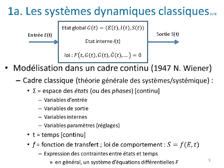 1 a. Les systèmes dynamiques classiques Entrée E(t) (1/2) Sortie S(t) • 5 