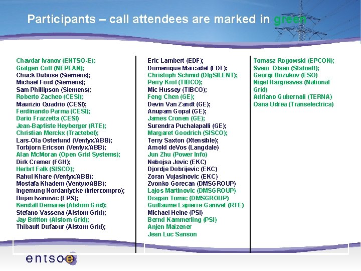 Participants – call attendees are marked in green Chavdar Ivanov (ENTSO-E); Giatgen Cott (NEPLAN);