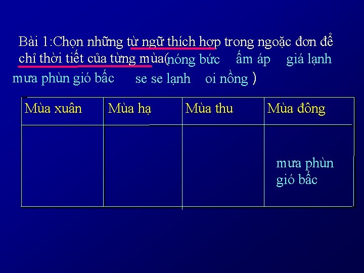 Bài 1: Chọn những từ ngữ thích hợp trong ngoặc đơn để chỉ thời