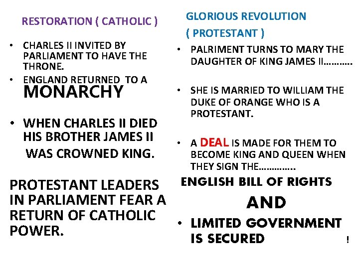 RESTORATION ( CATHOLIC ) • CHARLES II INVITED BY PARLIAMENT TO HAVE THRONE. •