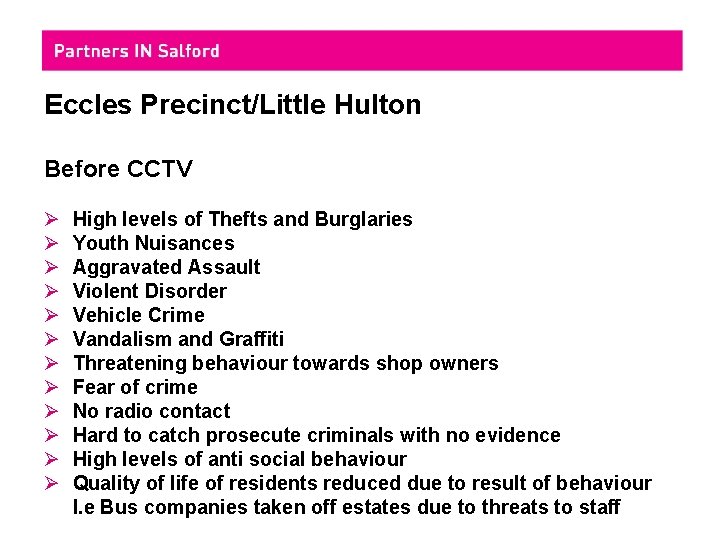 Eccles Precinct/Little Hulton Before CCTV Ø Ø Ø High levels of Thefts and Burglaries