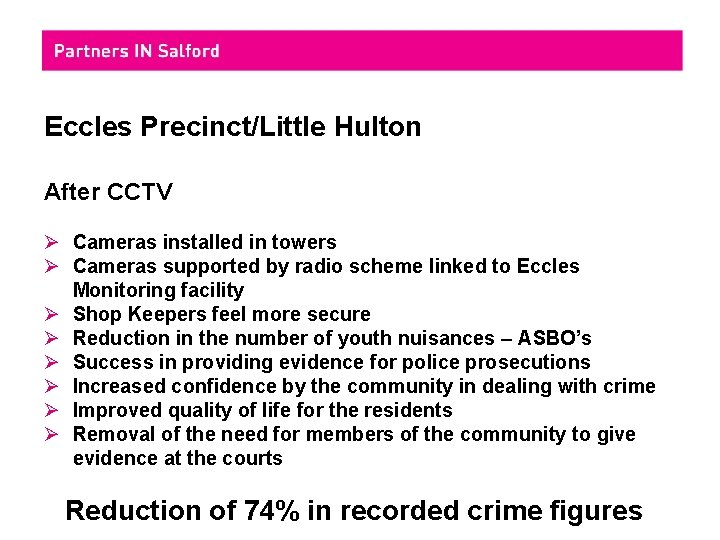 Eccles Precinct/Little Hulton After CCTV Ø Cameras installed in towers Ø Cameras supported by