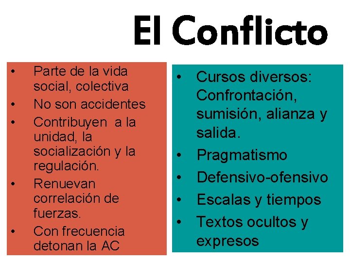 El Conflicto • • • Parte de la vida social, colectiva No son accidentes