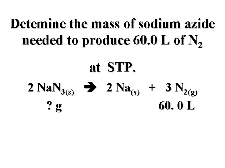 Detemine the mass of sodium azide needed to produce 60. 0 L of N