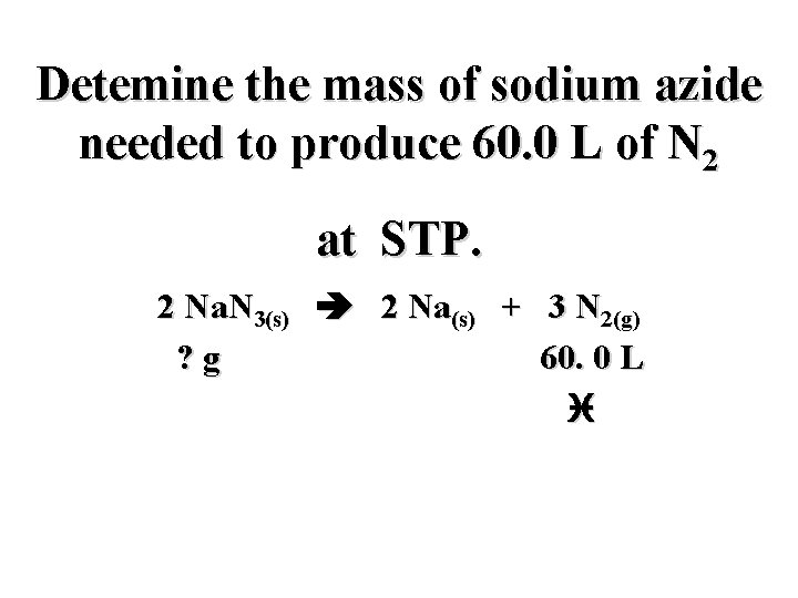 Detemine the mass of sodium azide needed to produce 60. 0 L of N
