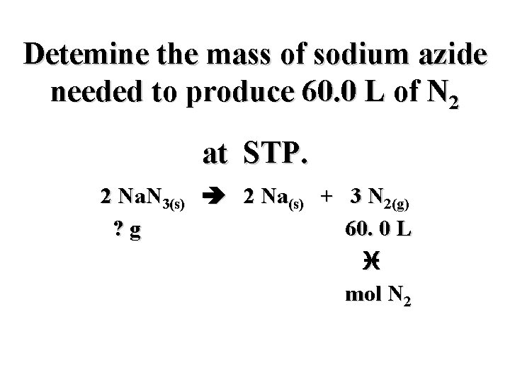 Detemine the mass of sodium azide needed to produce 60. 0 L of N