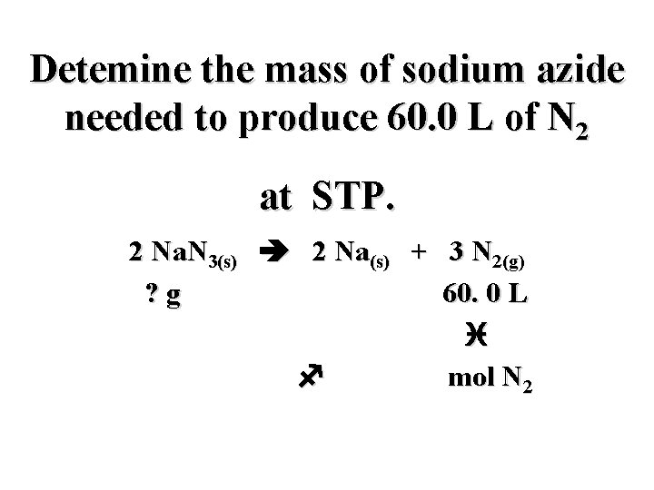Detemine the mass of sodium azide needed to produce 60. 0 L of N
