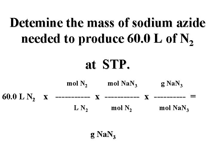 Detemine the mass of sodium azide needed to produce 60. 0 L of N