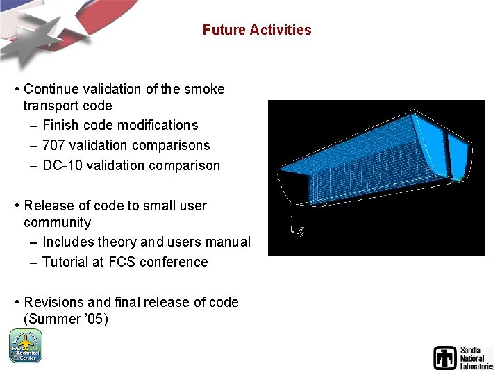 Future Activities • Continue validation of the smoke transport code – Finish code modifications