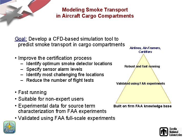 Modeling Smoke Transport in Aircraft Cargo Compartments Goal: Develop a CFD-based simulation tool to