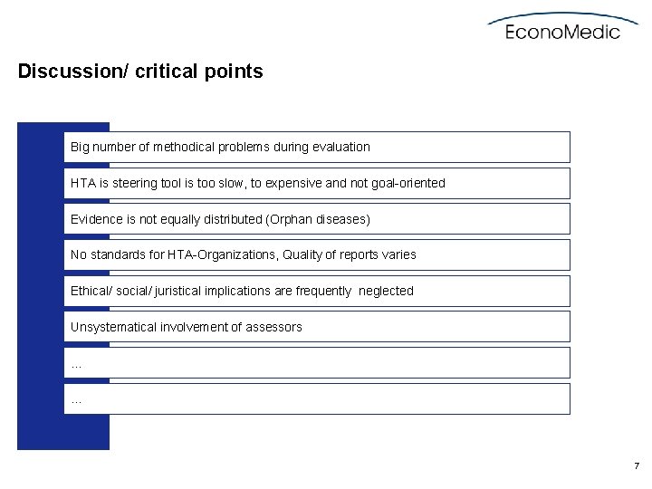 Discussion/ critical points Big number of methodical problems during evaluation HTA is steering tool