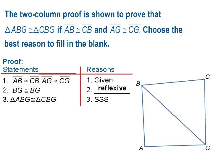 Proof: Statements 1. 2. 3. ΔABG ΔCBG Reasons 1. Given reflexive 2. _____ 3.