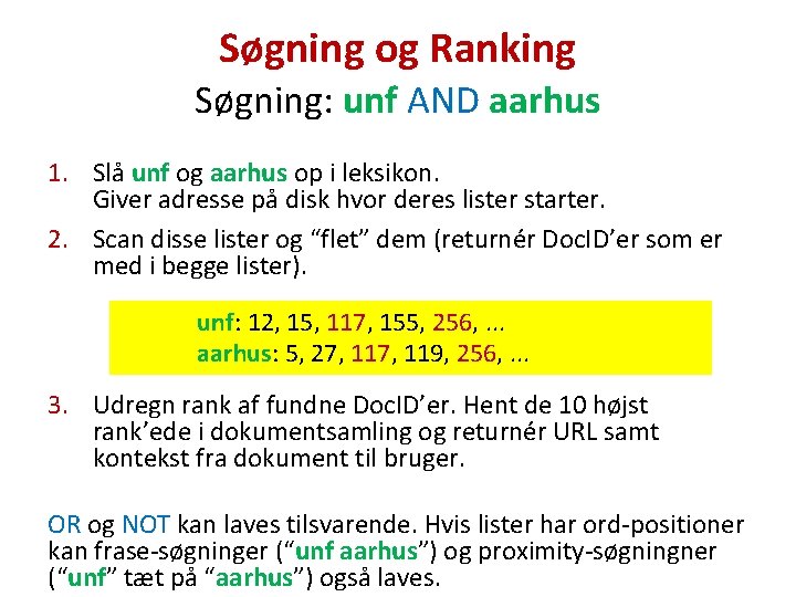 Søgning og Ranking Søgning: unf AND aarhus 1. Slå unf og aarhus op i