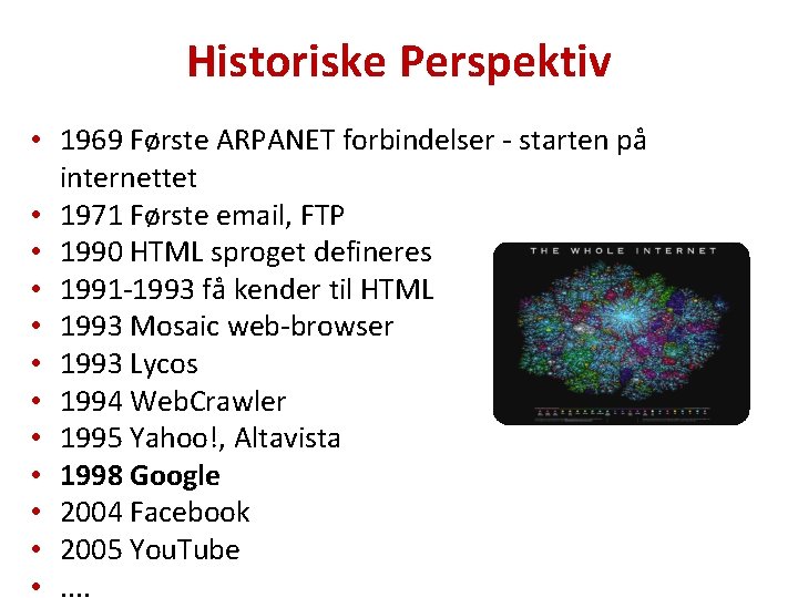 Historiske Perspektiv • 1969 Første ARPANET forbindelser - starten på internettet • 1971 Første
