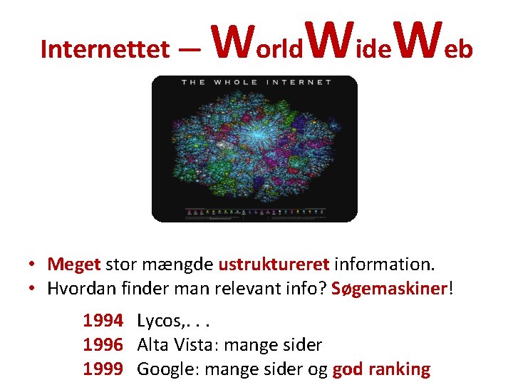 Internettet — World. Wide. Web • Meget stor mængde ustruktureret information. • Hvordan finder