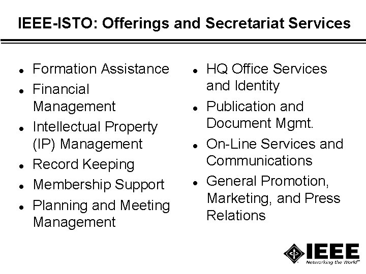 IEEE-ISTO: Offerings and Secretariat Services l l l Formation Assistance Financial Management Intellectual Property IEEE-ISTO: Offerings and Secretariat Services l l l Formation Assistance Financial Management Intellectual Property