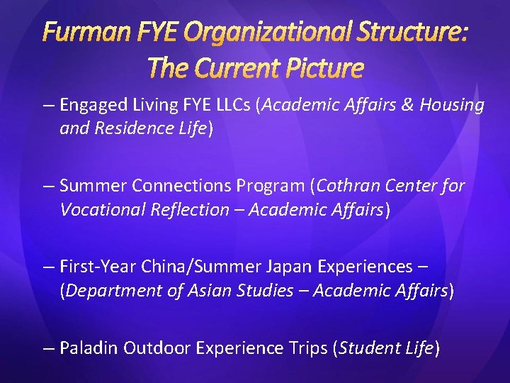 Furman FYE Organizational Structure: The Current Picture – Engaged Living FYE LLCs (Academic Affairs