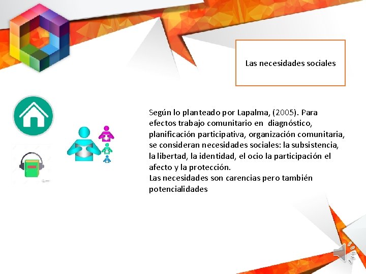 Las necesidades sociales Según lo planteado por Lapalma, (2005). Para efectos trabajo comunitario en