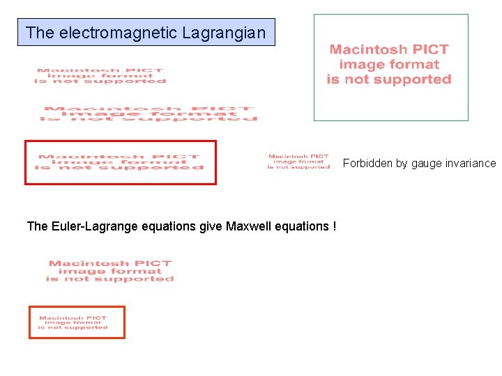 The electromagnetic Lagrangian Forbidden by gauge invariance The Euler-Lagrange equations give Maxwell equations !