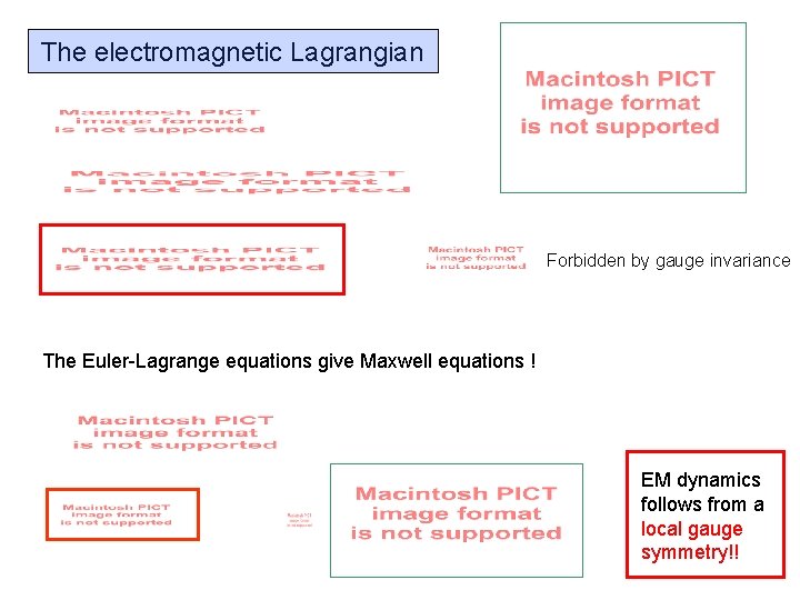 The electromagnetic Lagrangian Forbidden by gauge invariance The Euler-Lagrange equations give Maxwell equations !
