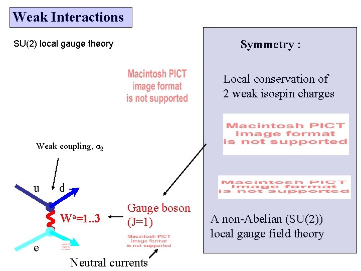 Weak Interactions Symmetry : SU(2) local gauge theory Local conservation of 2 weak isospin