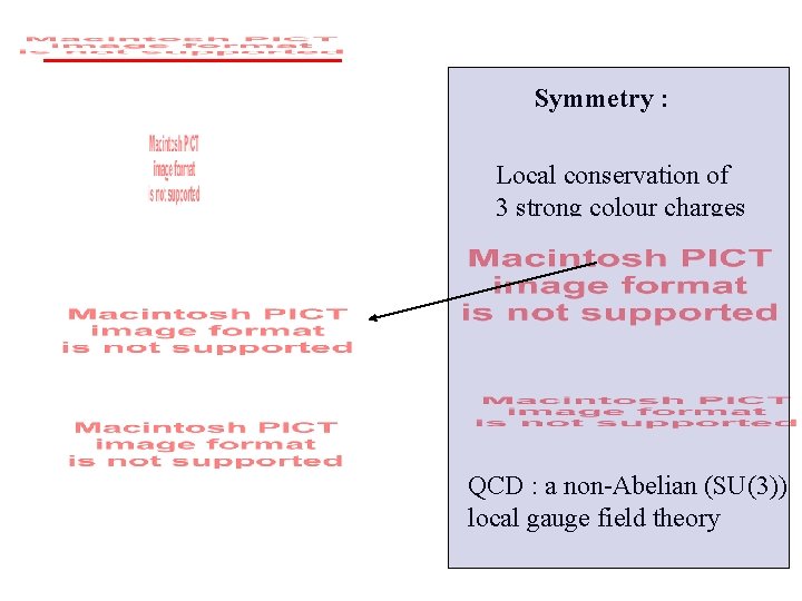 Symmetry : Local conservation of 3 strong colour charges QCD : a non-Abelian (SU(3))