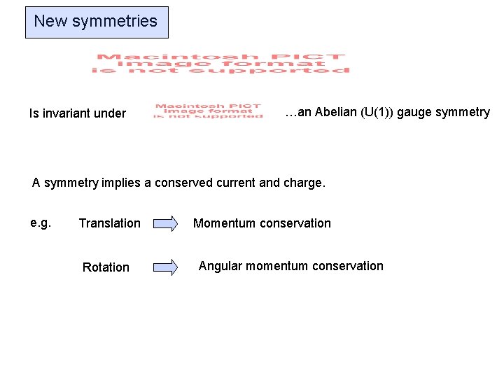 New symmetries Is invariant under …an Abelian (U(1)) gauge symmetry A symmetry implies a