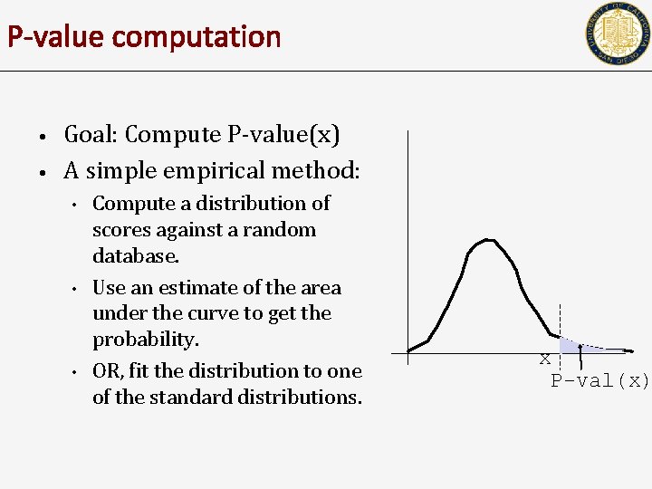 P-value computation • • Goal: Compute P-value(x) A simple empirical method: • • •